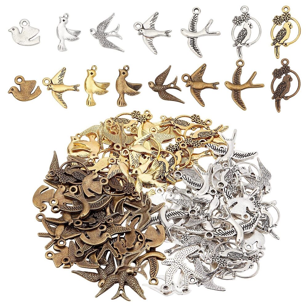 7023 1 Box 150Pcs 15 Style Bird Charms Hummingbird 3D Animal Charm Alloy